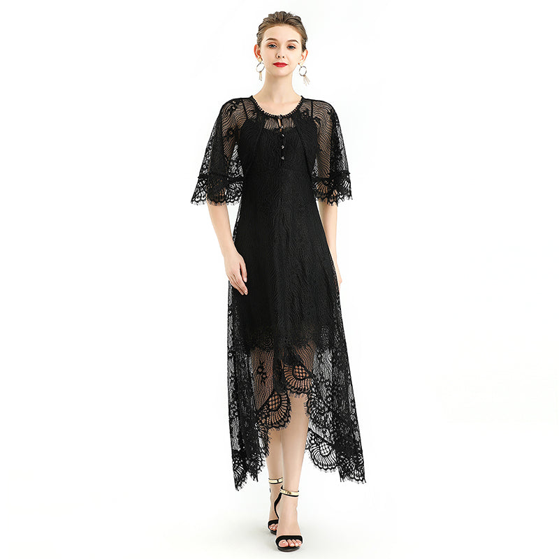 JJparty-D078-2 Women floral lace cape sleeve flared asymmetric hem midi evening dress