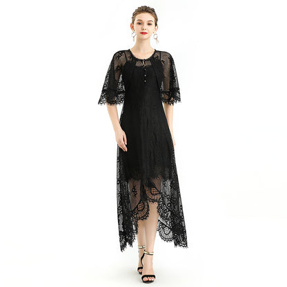JJparty-D078-2 Women floral lace cape sleeve flared asymmetric hem midi evening dress