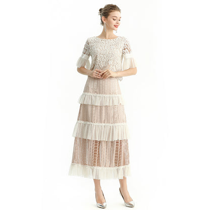 JJparty-S149 Women macramé lace-panel design Swiss dot tiered ruffle long skirt