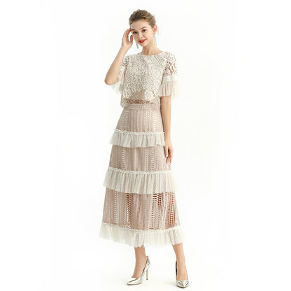 JJparty-S149 Women macramé lace-panel design Swiss dot tiered ruffle long skirt