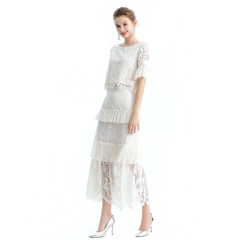 JJparty-S167-1 Women floral lace Swiss dot tulle tiered ruffle long evening skirt
