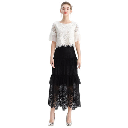 JJparty-S167 Women sequin embellished lace Swiss dot tulle tiered ruffle long evening skirt