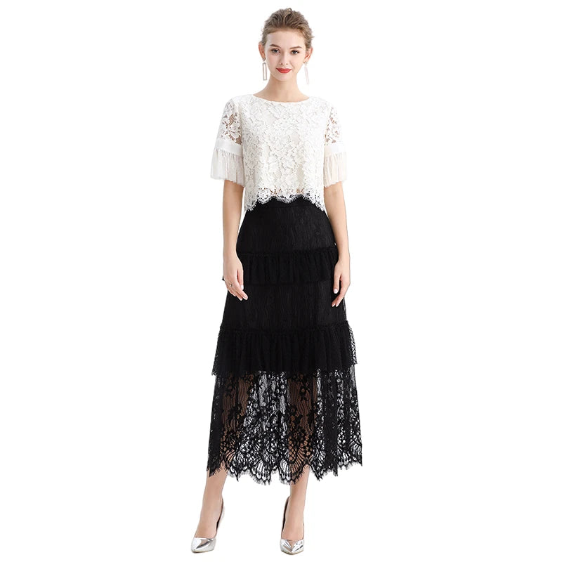 JJparty-S167-1 Women floral lace Swiss dot tulle tiered ruffle long evening skirt