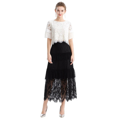 JJparty-S167-1 Women floral lace Swiss dot tulle tiered ruffle long evening skirt
