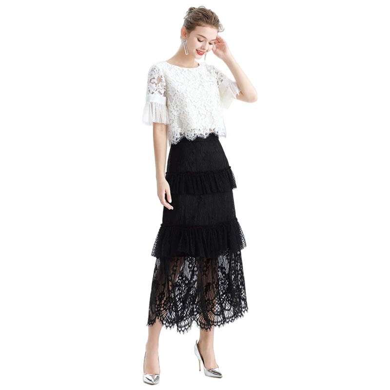 JJparty-S167-1 Women floral lace Swiss dot tulle tiered ruffle long evening skirt