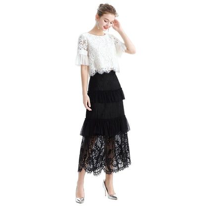 JJparty-S167-1 Women floral lace Swiss dot tulle tiered ruffle long evening skirt
