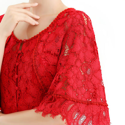 JJparty-D078-5 Women floral lace cape sleeve flared asymmetric hem midi evening dress