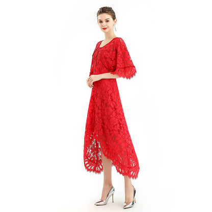 JJparty-D078-5 Women floral lace cape sleeve flared asymmetric hem midi evening dress