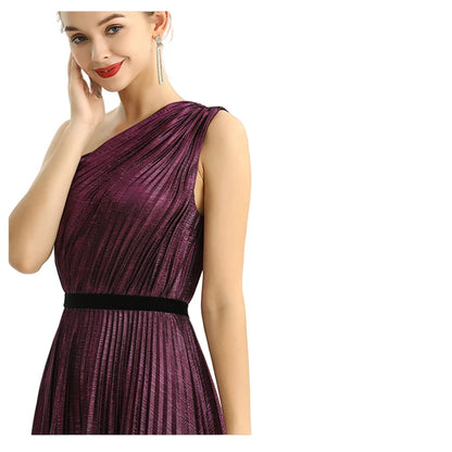 JJparty-D203 Women metallic knit single shoulder sunburst pleated maxi evening dress