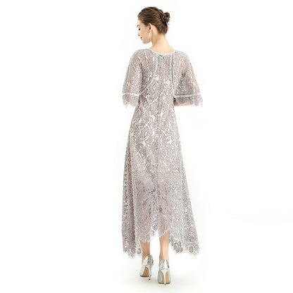 JJparty-D078-1 Women floral lace cape sleeve flared asymmetric hem midi evening dress