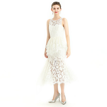 JJparty-D085 Women floral eyelash lace peplum-waist layered design mermaid dress