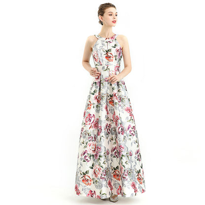 JJparty-D112 Women floral print halter neck sleeveless full circle flared maxi evening dress