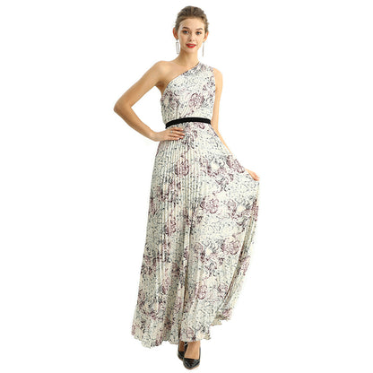 JJparty-D202 Women print CDC single shoulder sunburst pleated maxi evening dress
