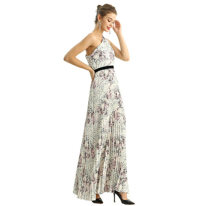 JJparty-D202 Women print CDC single shoulder sunburst pleated maxi evening dress