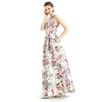 JJparty-D112 Women floral print halter neck sleeveless full circle flared maxi evening dress