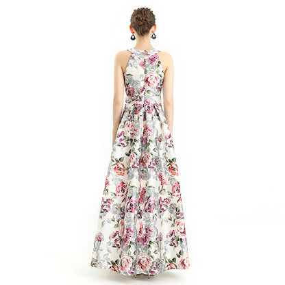 JJparty-D112 Women floral print halter neck sleeveless full circle flared maxi evening dress