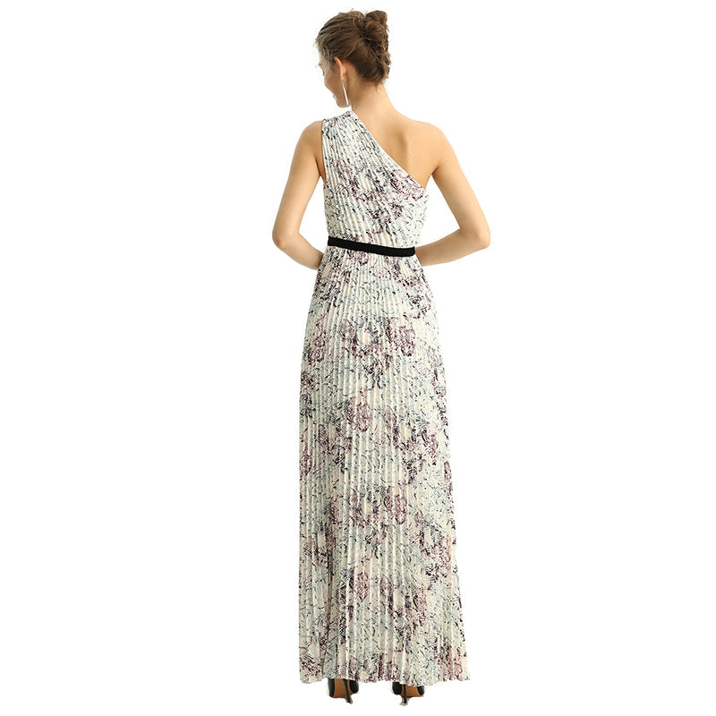 JJparty-D202 Women print CDC single shoulder sunburst pleated maxi evening dress