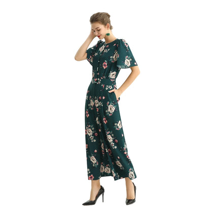 JJparty-R160 Women floral print short puff sleeves jumpsuit