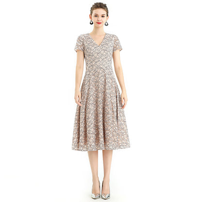 JJparty-D062-3 Women 2-tone flower lace V neck cap sleeves flared midi evening dress