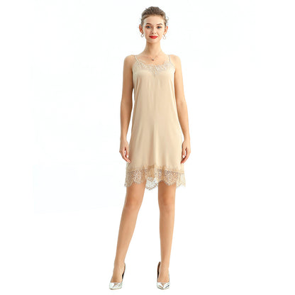 JJparty-D102 Women solid polyester lace trimmed strappy mini slip dress
