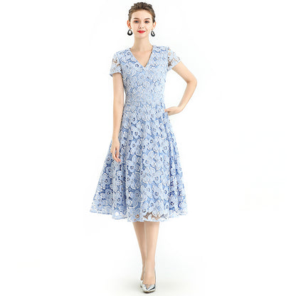 JJparty-D062-5 Women 2-tone flower cut out lace V neck cap sleeves flared midi evening dress