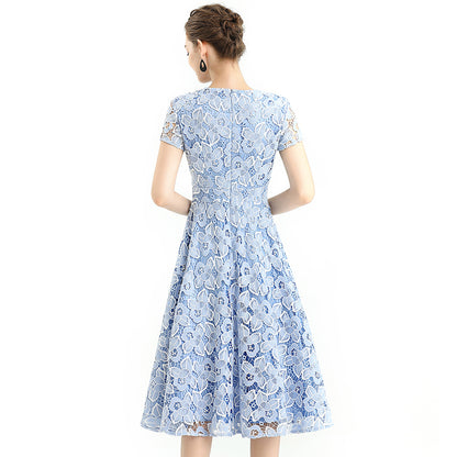 JJparty-D062-5 Women 2-tone flower cut out lace V neck cap sleeves flared midi evening dress
