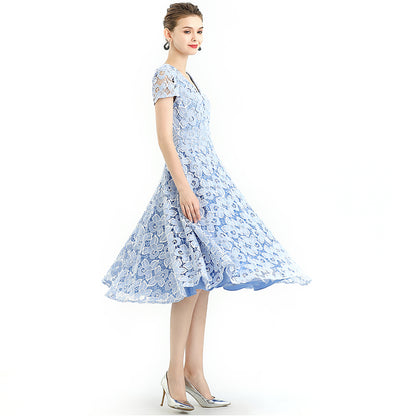 JJparty-D062-5 Women 2-tone flower cut out lace V neck cap sleeves flared midi evening dress