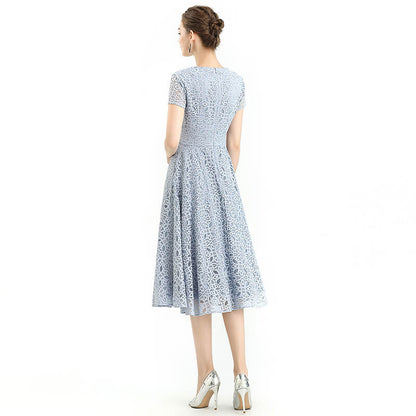 JJparty-D062-4 Women medallion lace pattern V neck cap sleeves flared midi evening dress