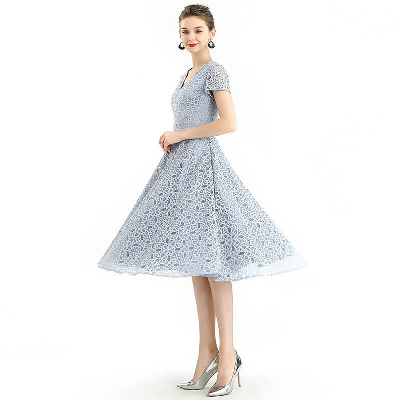 JJparty-D062-4 Women medallion lace pattern V neck cap sleeves flared midi evening dress
