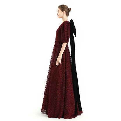 JJparty-D119 Girls All-over embroidered ribbon three-quarter puff sleeves flared hem maxi gown
