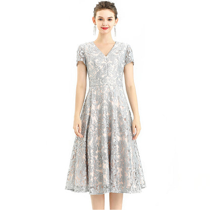 JJparty-D062-7 Women scroll leaf flower sequin embellished V neck cap sleeves flared midi evening dress