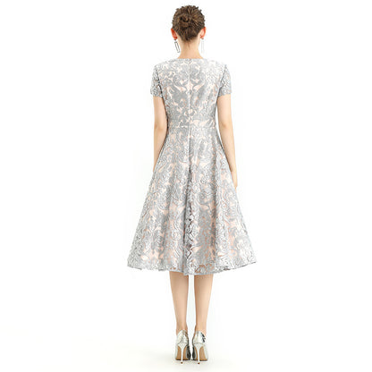 JJparty-D062-7 Women scroll leaf flower sequin embellished V neck cap sleeves flared midi evening dress