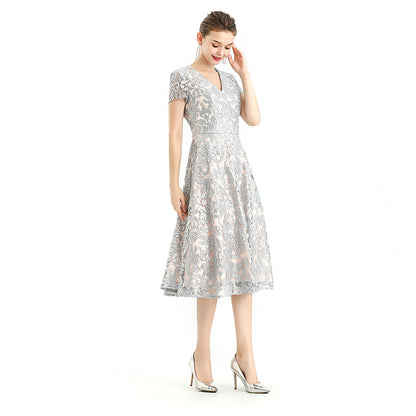 JJparty-D062-7 Women scroll leaf flower sequin embellished V neck cap sleeves flared midi evening dress