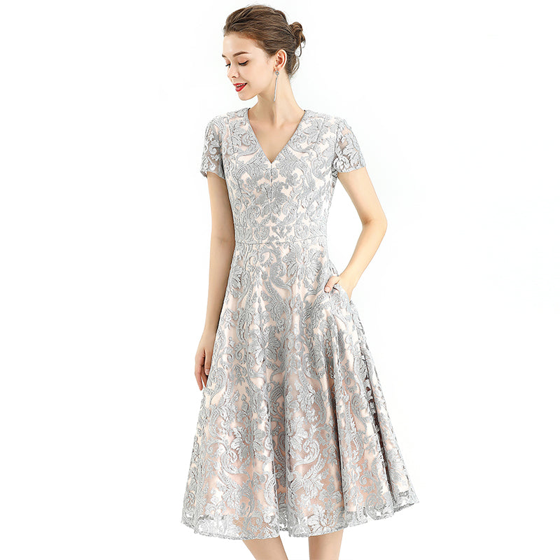 JJparty-D062-7 Women scroll leaf flower sequin embellished V neck cap sleeves flared midi evening dress