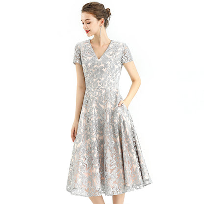 JJparty-D062-7 Women scroll leaf flower sequin embellished V neck cap sleeves flared midi evening dress