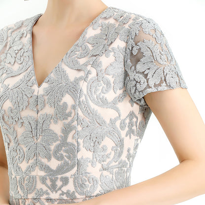 JJparty-D062-7 Women scroll leaf flower sequin embellished V neck cap sleeves flared midi evening dress