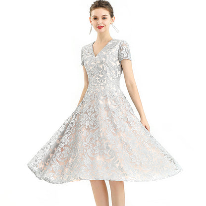 JJparty-D062-7 Women scroll leaf flower sequin embellished V neck cap sleeves flared midi evening dress
