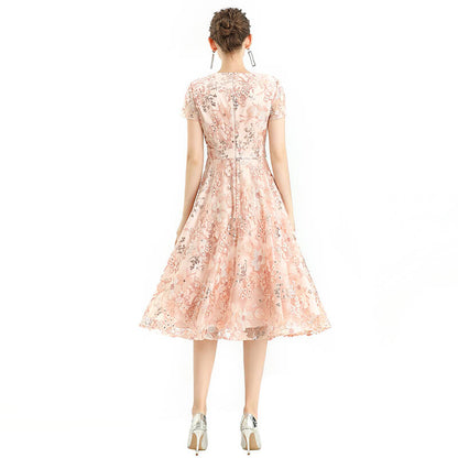 JJparty-D062-6 Women all-over floral embroidered sequinned V neck cap sleeves flared midi evening dress