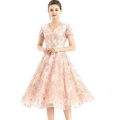 JJparty-D062-6 Women all-over floral embroidered sequinned V neck cap sleeves flared midi evening dress