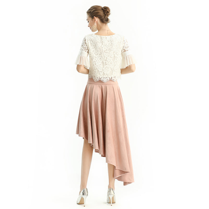 JJparty-S145-1 Women faux suede wide waistband full circle high low asymmetric flare skirt