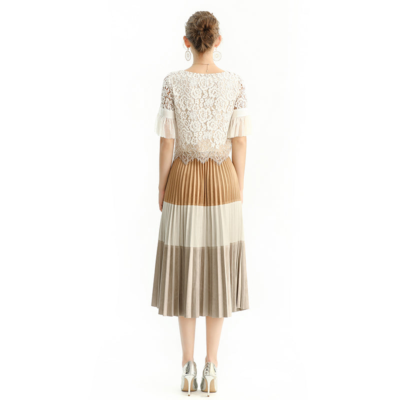 JJparty-S125 Women faux suede color-block full circle sunburst pleated midi skirt