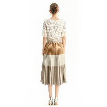 JJparty-S125 Women faux suede color-block full circle sunburst pleated midi skirt