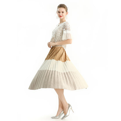 JJparty-S125 Women faux suede color-block full circle sunburst pleated midi skirt
