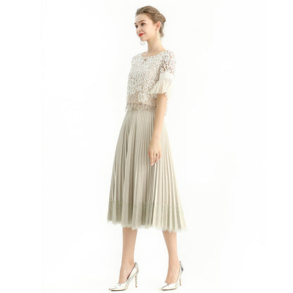 JJparty-S126 Women faux suede lace trimmed full circle sunburst pleated midi skirt