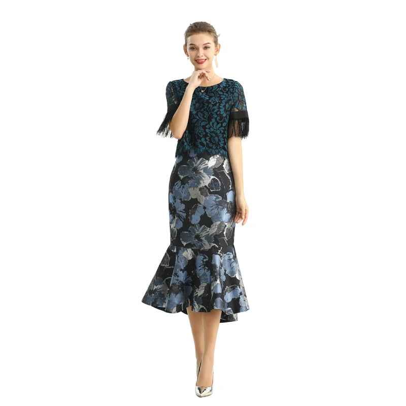 JJparty-S168 Women metallic floral jacquard trumpet ruffle hem mermaid midi skirt