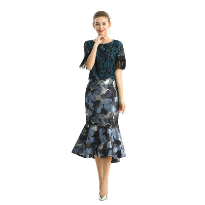 JJparty-S168 Women metallic floral jacquard trumpet ruffle hem mermaid midi skirt