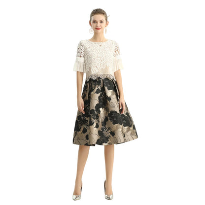 JJparty-S137-1 Women metallic floral jacquard inverted pleat A-line midi skirt