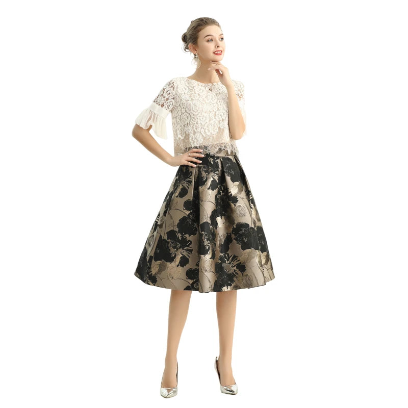 JJparty-S137-1 Women metallic floral jacquard inverted pleat A-line midi skirt