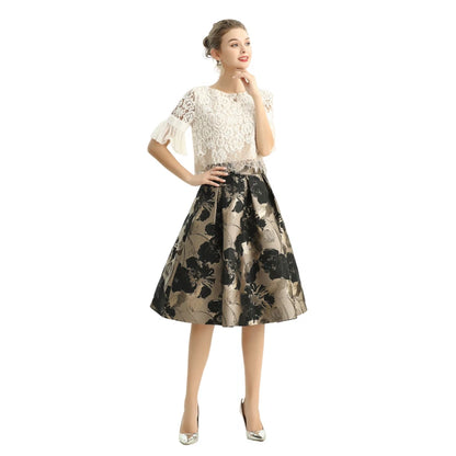 JJparty-S137-1 Women metallic floral jacquard inverted pleat A-line midi skirt