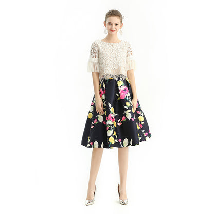 JJparty-S137 Women floral print inverted pleat A-line midi skirt